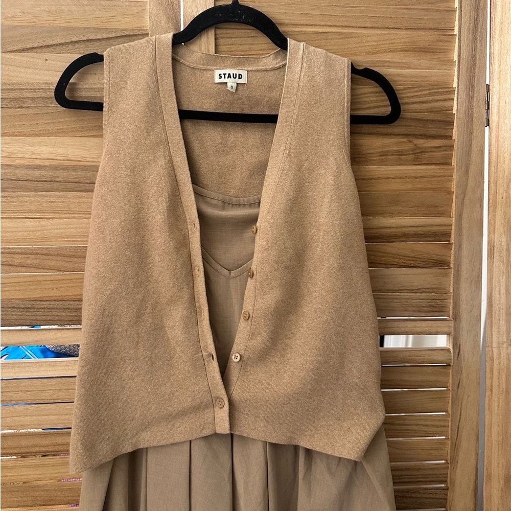 STAUD Madeline layered cotton and cashmere-blend pleated crepe midi dress size S - Picture 10 of 11
